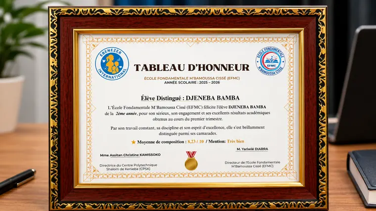 Tableau d'honneur encadré réalisé pour l'École Fondamentale M'Bamoussa Cissé